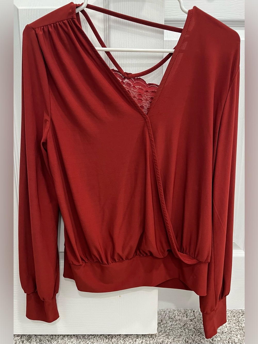 Janet Chung women’s long sleeve caramel silky top with lace back detail